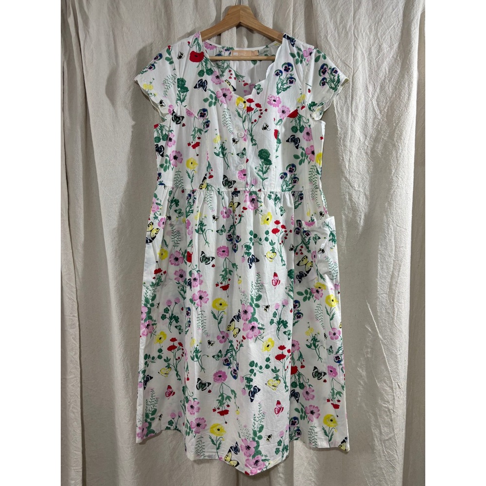 La Cera Womens White Floral Butterfly Cotton Midi Dress Scalloped Neck Size M